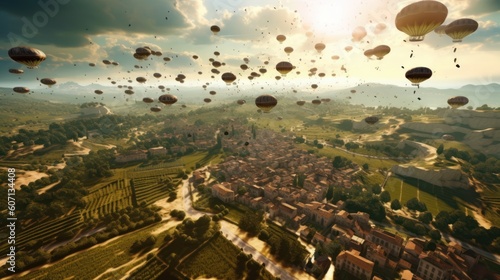 Photo Visualize a thrilling airborne assault, with paratroopers descending from the sk