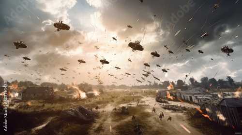 Visualize a thrilling airborne assault  with paratroopers descending from the sky  aircraft soaring overhead  and a chaotic battlefield unfolding below