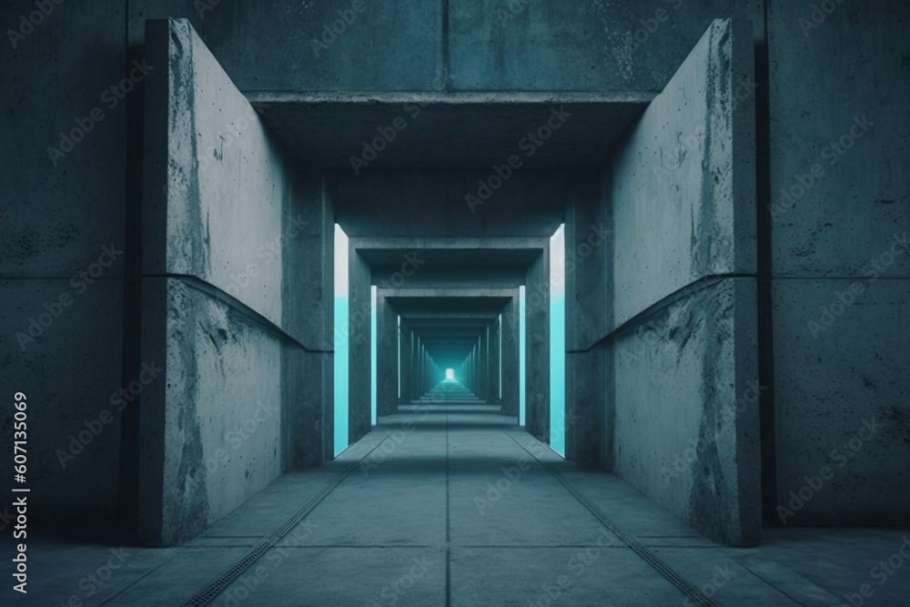 Futuristic underground corridor with colorful lights Generative AI