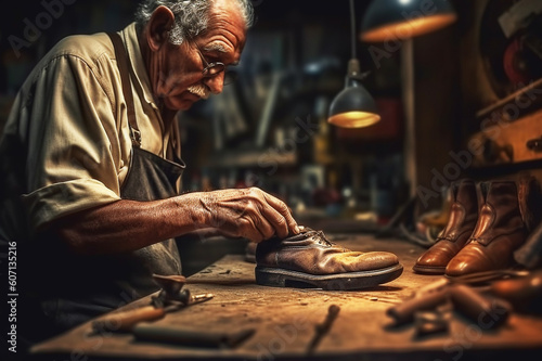 Shoemaker repairs shoes in the workshop. Close-up. Generative AI