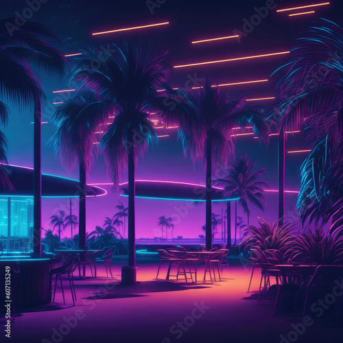 Night Party Tropical Beach Club Bar Summer Fresh Neon Lights Retro Mood Blue Purple Orange Generative Ai © Phoenix_Renders