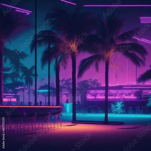 Night Party Tropical Beach Club Bar Summer Fresh Neon Lights Retro Mood Blue Purple Orange Generative Ai