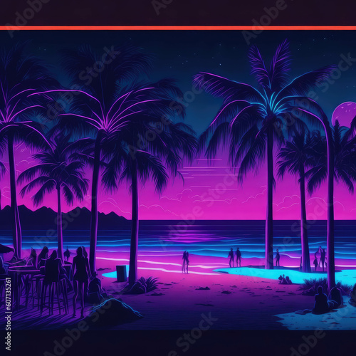 Night Party Tropical Beach Club Bar Summer Fresh Neon Lights Retro Mood Blue Purple Orange Generative Ai © Phoenix_Renders
