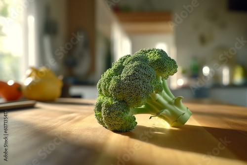 Fresh broccoli lies on the kitchen table. Cooking vegetables at home