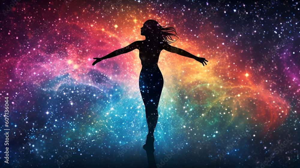 Silhouetted female stands looking to the left, her hair blowing, arms outstretched in front of a universe full of colourful stars
