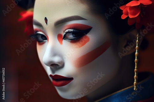 Portrait of fictional, not based on a real person japanese geisha. Generative AI