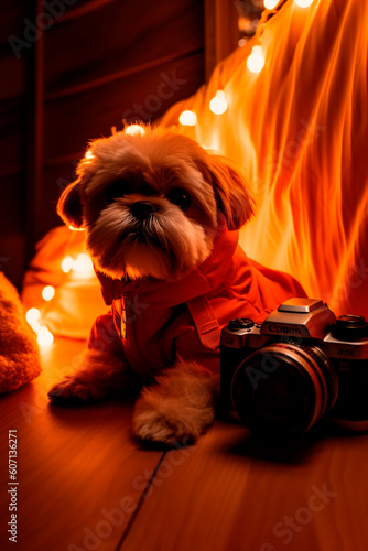 Stylishly dressed Shih Tzu in a cozy home interior and candle light
