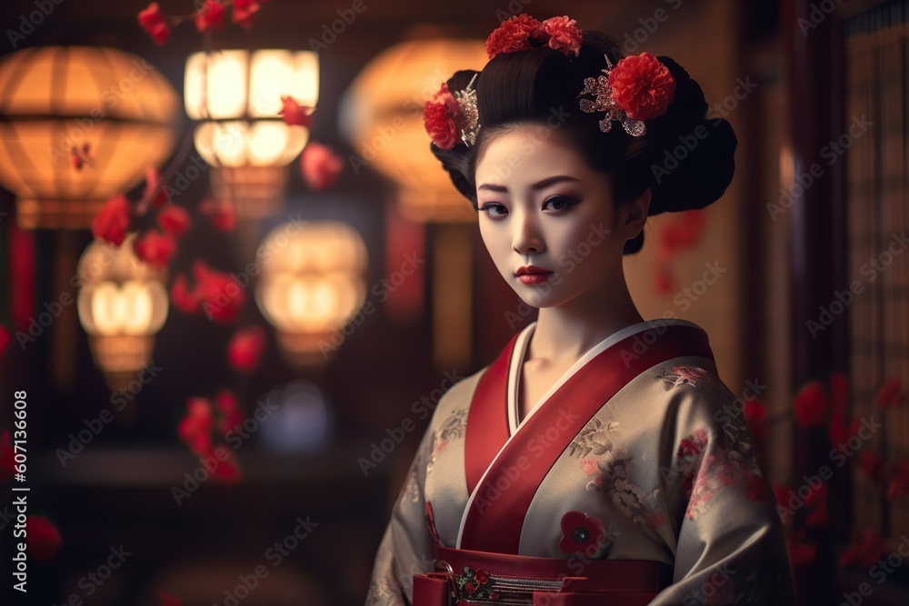 Portrait of fictional, not based on a real person japanese geisha. Generative AI