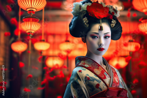 Fototapeta Portrait of fictional, not based on a real person japanese geisha