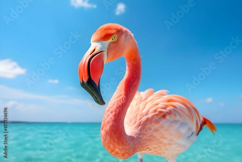 Standing pink flamingo close up on turquoise sky and sea water.