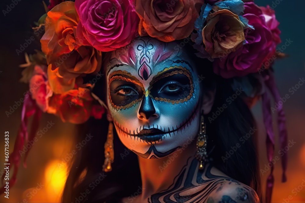 Day of the dead in Mexico. Portrait of woman with skull face make up. Dia de Muertos. Generative AI