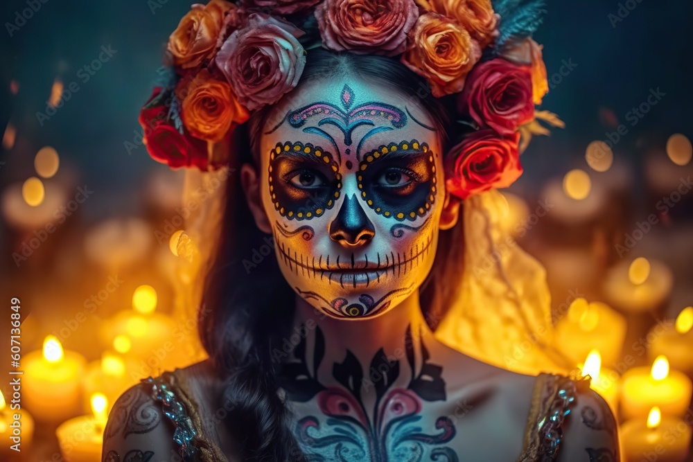 Day of the dead in Mexico. Portrait of woman with skull face make up. Dia de Muertos. Generative AI Day of the dead in Mexico. Portrait of woman with skull face make up. Dia de Muertos. Generative AI