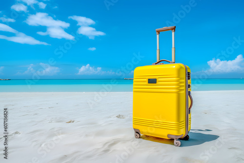 Yellow suitcase on the beach, ai generated