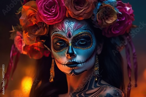 Day of the dead in Mexico. Portrait of woman with skull face make up. Dia de Muertos. Generative AI