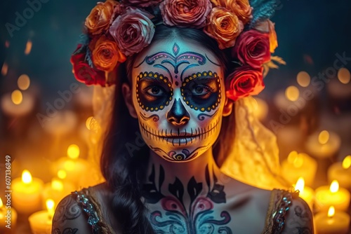 Day of the dead in Mexico. Portrait of woman with skull face make up. Dia de Muertos. Generative AI