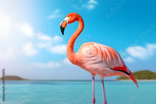 Standing pink flamingo close up on turquoise sky and sea water.Generated by AI.