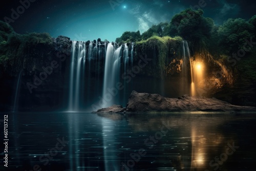 Beauty of a waterfall illuminated by the ethereal glow of the moonlight. Generative AI © YouraPechkin
