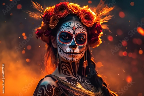 Day of the dead in Mexico. Close-up portrait of woman with skull face make up. Dia de Muertos. Generative AI photo