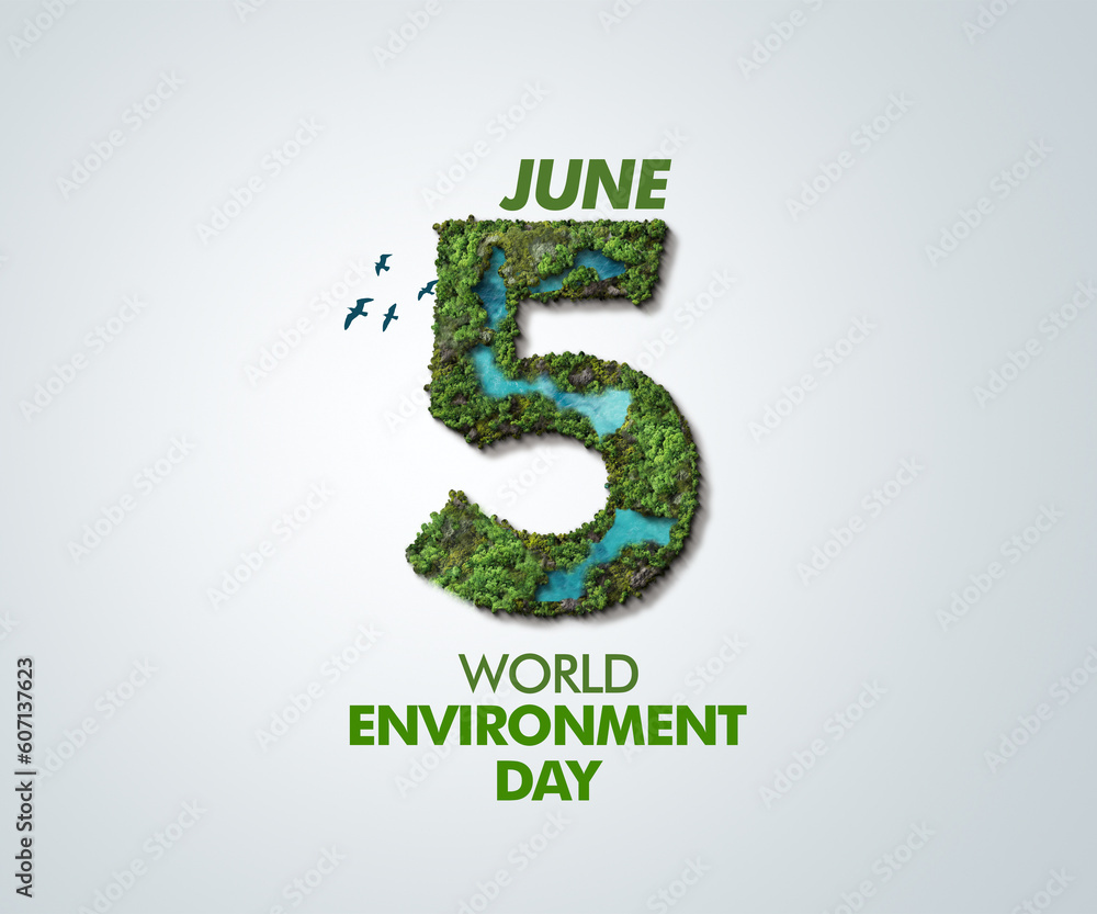 Beat plastic pollution - World Environment day 2023 concept 3d design. Happy Environment day, 05 June. World map with Environment day text 3d background illustration.  - obrazy, fototapety, plakaty 