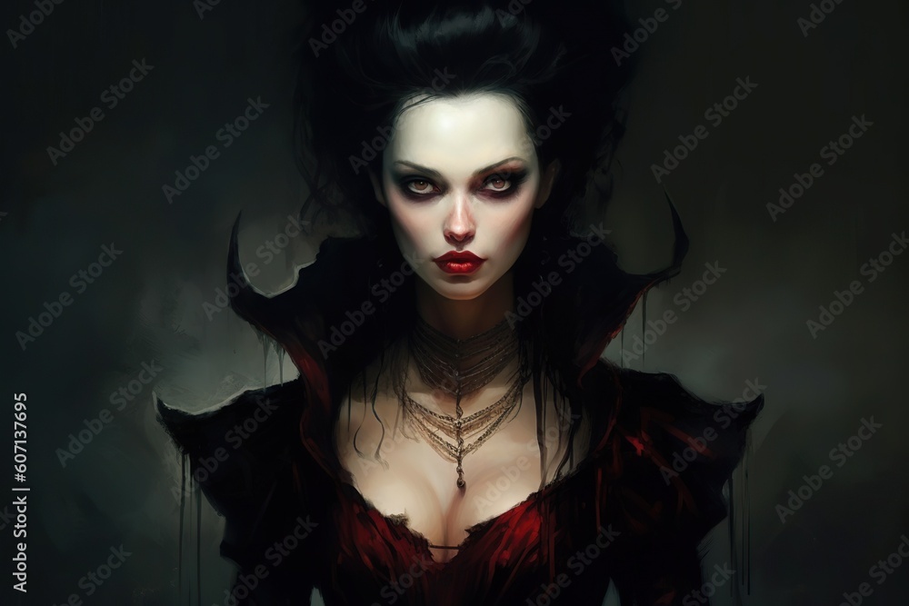 Portrait of gothic vampire queen with dark makeup, beautiful woman. Generative AI