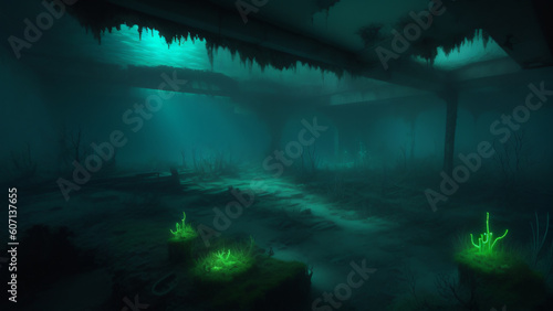 Ancient underwater city ruins  ocean scene  generative AI