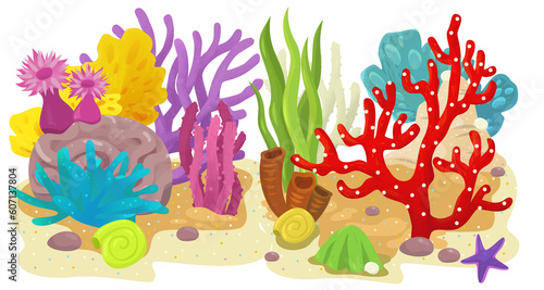 cartoon scene with coral reef with swimming cheerful fish isolated element illustration for children