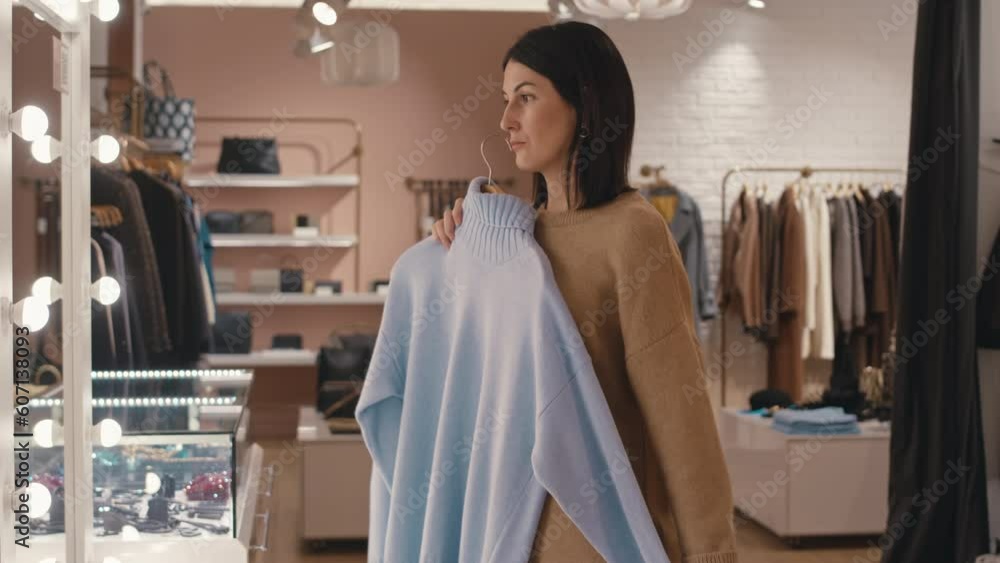 Medium shot of young Caucasian brunette woman trying on sky blue sweater on hanger standing in front of mirror with LED light bulbs in contemporary clothes store Medium shot of young Caucasian brunette woman trying on sky blue sweater on hanger standing in front of mirror with LED light bulbs in contemporary clothes store