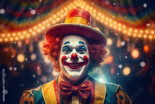 Fototapeta Portrait of happy clown with smiling face and red nose standing in vintage circus