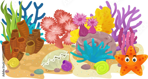 Fototapeta Naklejka Na Ścianę i Meble -  cartoon scene with coral reef with swimming cheerful fish isolated element illustration for children