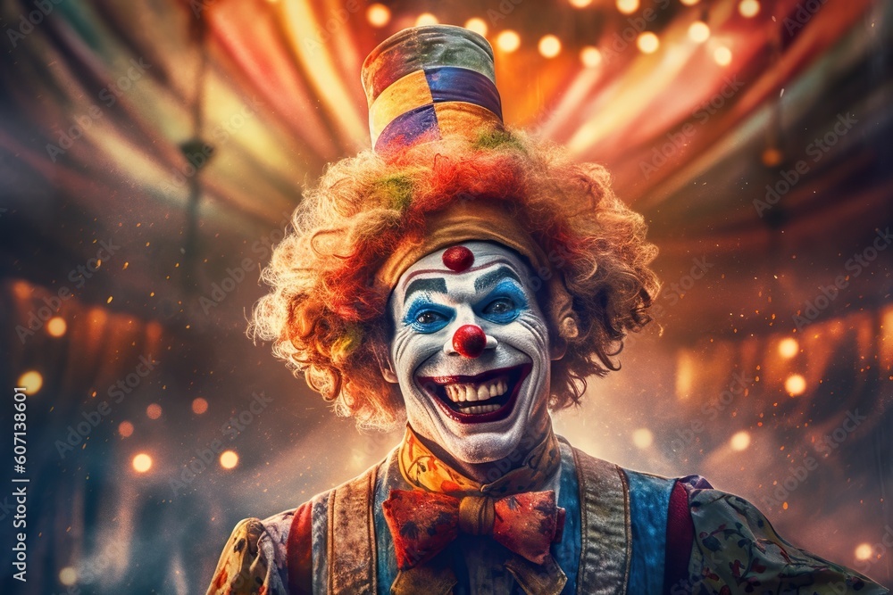 Portrait of happy clown with smiling face and red nose standing in vintage circus. Generative AI Portrait of happy clown with smiling face and red nose standing in vintage circus. Generative AI