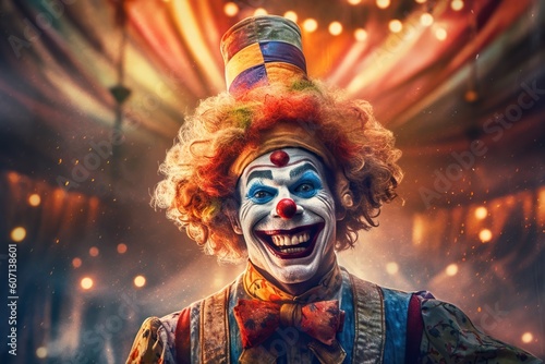 Fotografija Portrait of happy clown with smiling face and red nose standing in vintage circus