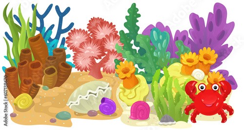 cartoon scene with coral reef with swimming cheerful fish isolated element illustration for children