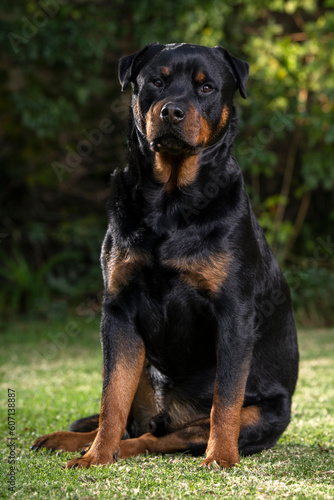 Stunning proud Adult pedigree male Rottweiler sitting and laying grass posing for a photograph, taken at eye level with studio lights on the lawn looking inquisitive, ready to protect 