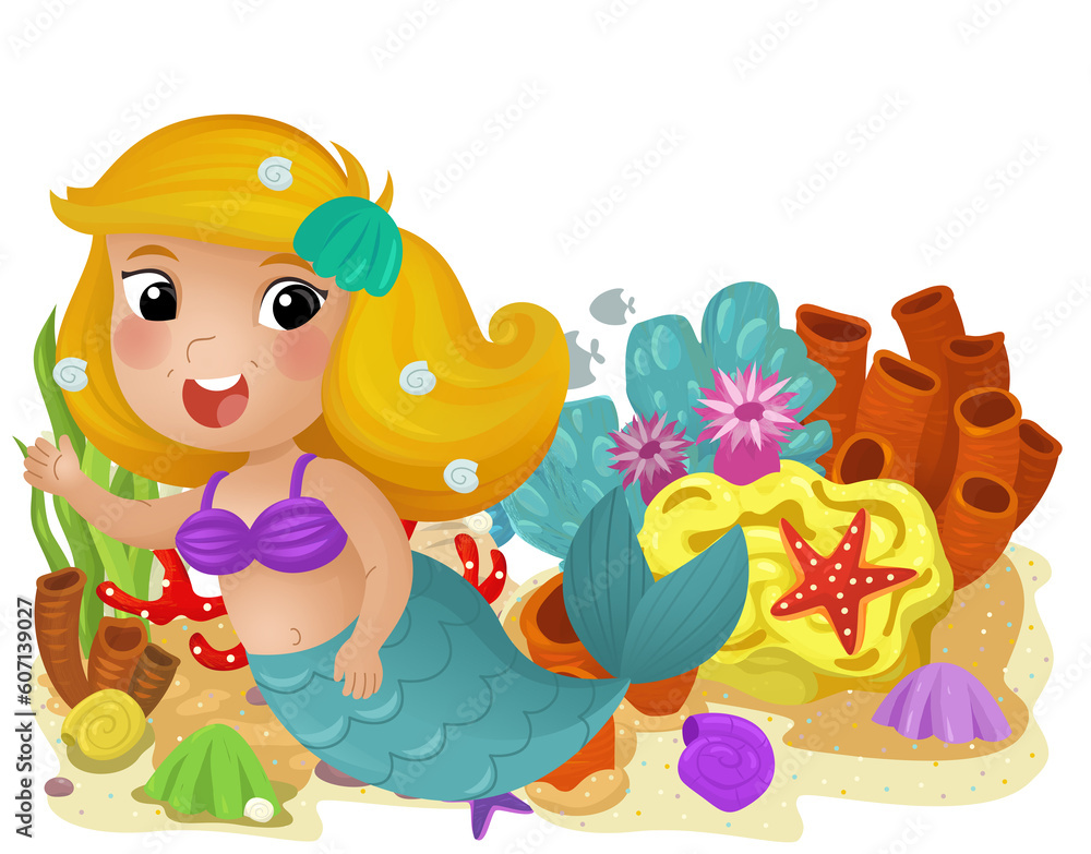 cartoon scene with coral reef with swimming mermaid girl princess isolated element illustration for kids cartoon scene with coral reef with swimming mermaid girl princess isolated element illustration for kids