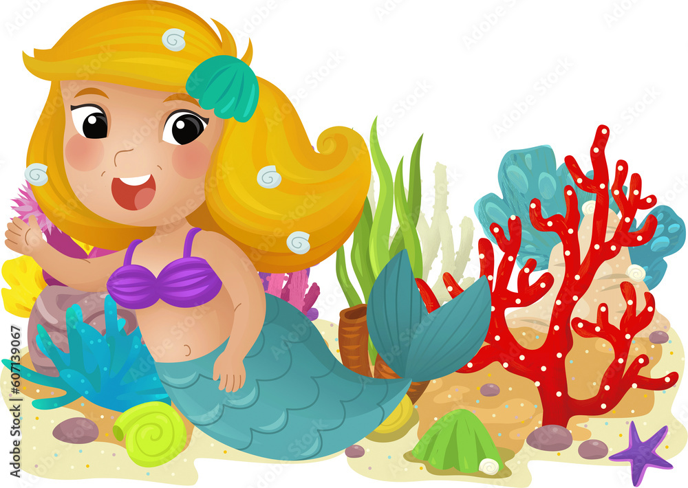 Fototapeta premium cartoon scene with coral reef with swimming mermaid girl princess isolated element illustration for kids
