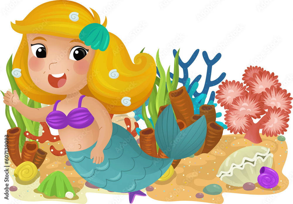 Fototapeta premium cartoon scene with coral reef with swimming mermaid girl princess isolated element illustration for kids