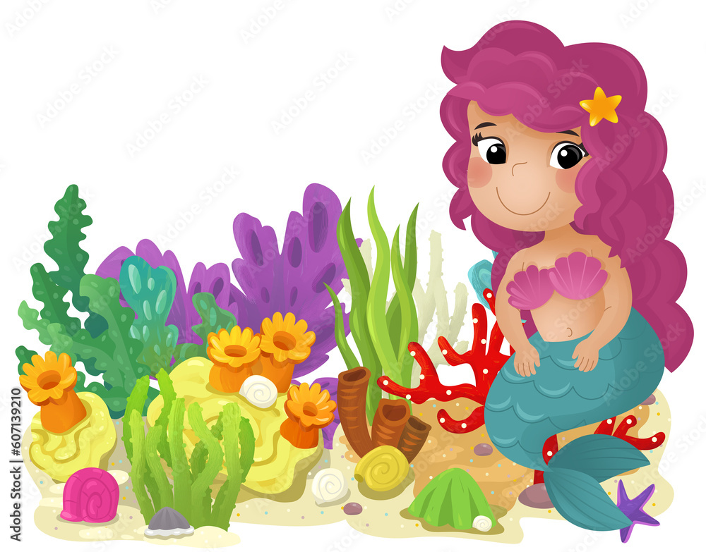 Fototapeta premium cartoon scene with coral reef with swimming mermaid girl princess isolated element illustration for kids
