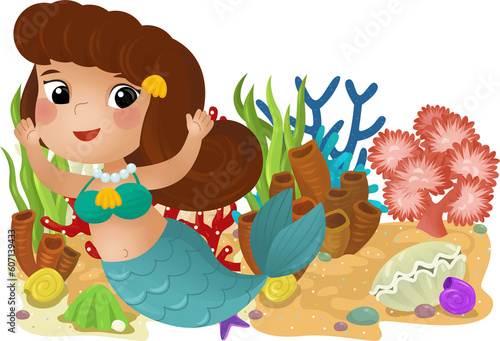 Fototapeta Naklejka Na Ścianę i Meble -  cartoon scene with coral reef with swimming mermaid girl princess isolated element illustration for kids