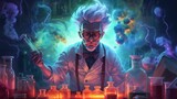 Mad scientist or crazy professor character in science lab. Generative AI