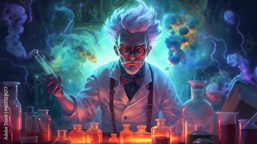 Mad scientist or crazy professor character in science lab. Generative AI