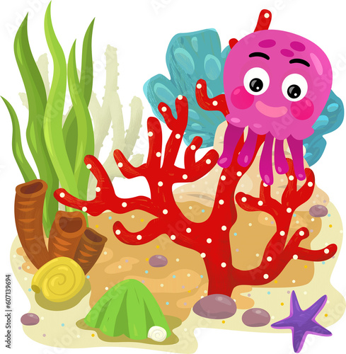 Fototapeta Naklejka Na Ścianę i Meble -  cartoon scene with coral reef with swimming octopus or gelly fish isolated element illustration for kids