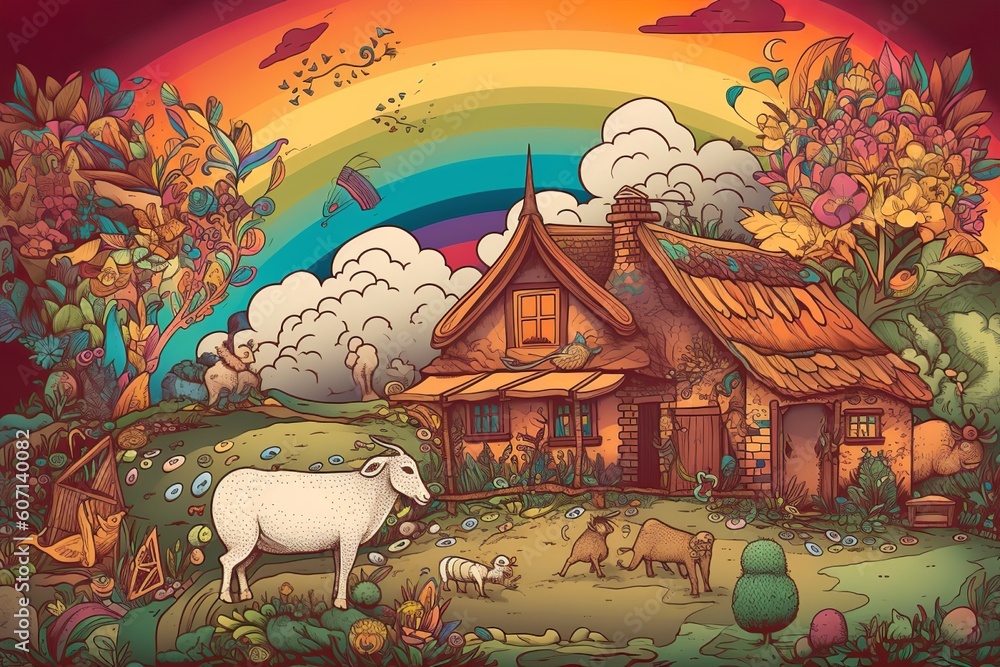 a farm with animals and a House DMT art 