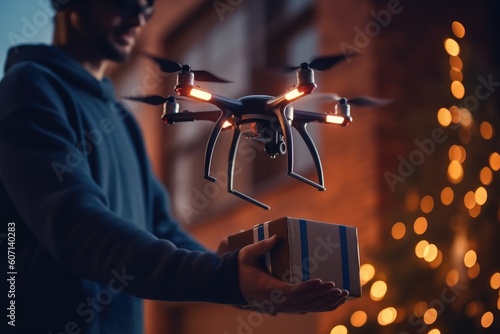 Atmospheric process of unmanned drone delivery. Generative AI