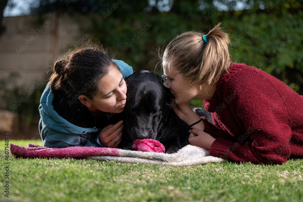 Stunning large breed sitting with a young girl on the grass as the girl and adult woman Kissing her, showing the intense love that can exist. 
