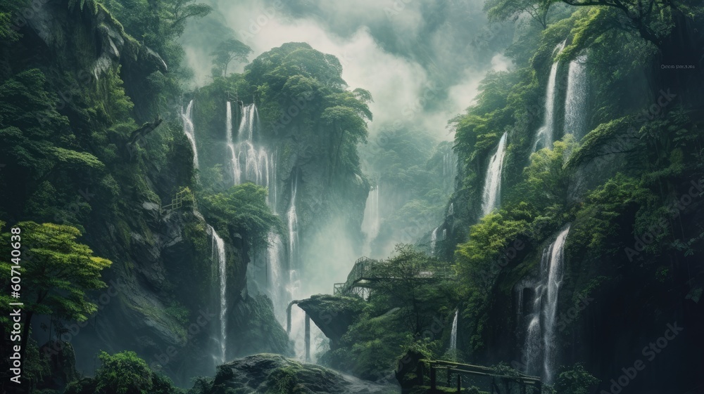 waterfall in a foggy environment. Generative AI waterfall in a foggy environment. Generative AI