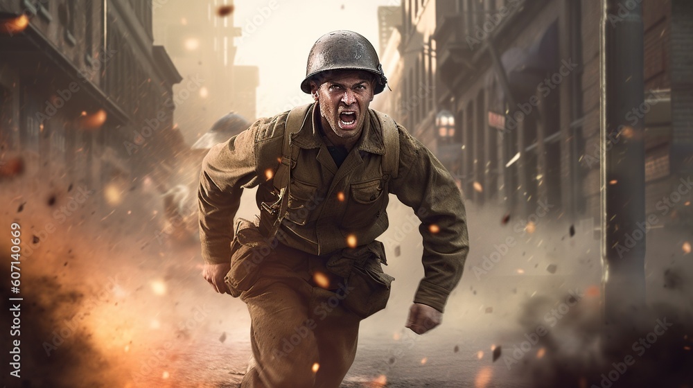 Portrait of ww2 soldier running on battlefield with explosions and fire. World War II. Generative AI Portrait of ww2 soldier running on battlefield with explosions and fire. World War II. Generative AI