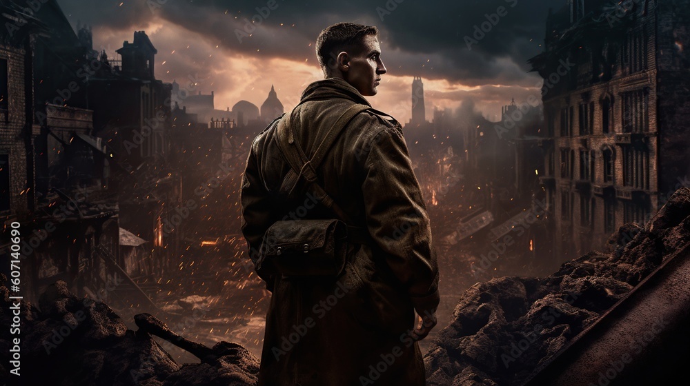 Epic back view of WW2 soldier on battlefield in destroyed eurpoean town. World War II. Generative AI Epic back view of WW2 soldier on battlefield in destroyed eurpoean town. World War II. Generative AI