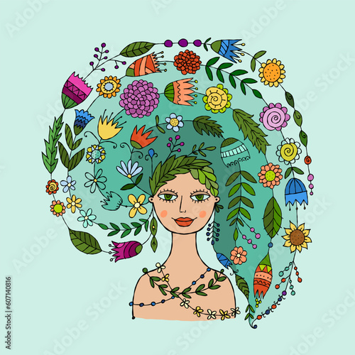 Floral concept art with fairy woman portrait design. Creative vector illustra...