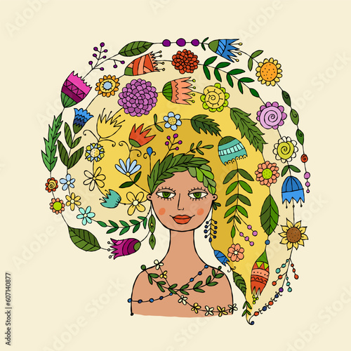 Floral concept art with fairy woman portrait design. Creative vector illustra...