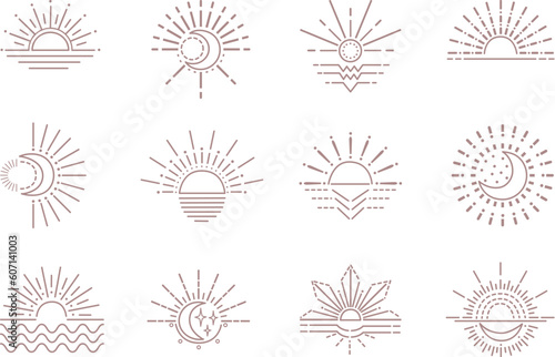 Line boho moon and sun icons. Outline gypsies sunburst design, bohemian symbols. Sunset, yoga logo or tattoo template neoteric vector elements